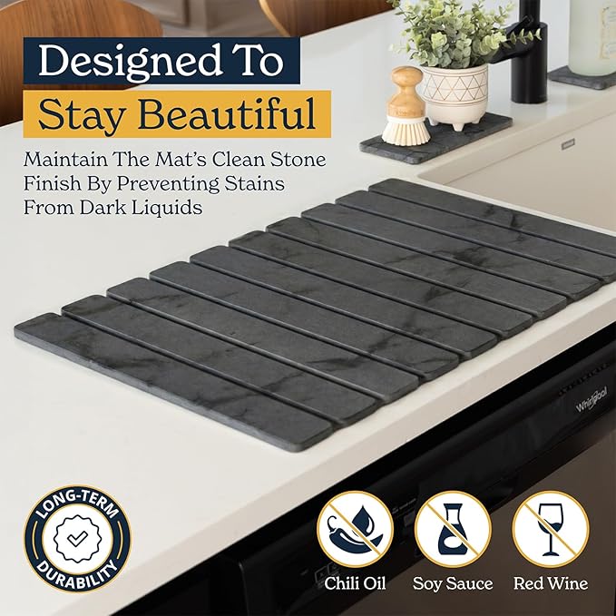 Oleex 3-Pack Stone Dish Drying Mat Set Includes 1 Large 24”x16” & 2 Small 4”x9” for Kitchen Counter-Collapsible Diatomaceous Earth Pad Absorbs Water & Dries Dishes Fast, Non-slip, Odor-Resistant Mats