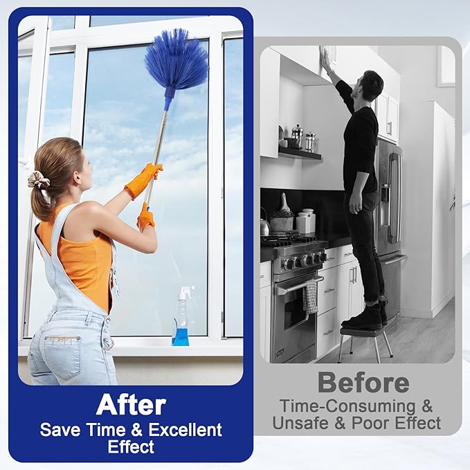 Ceiling Fan Cleaner Duster Set, Dusters with Extension Pole Reusable, Microfiber Ceiling Fan Blade Cleaner, Suitable for Cleaning Wall Blinds Door Furniture Bookshelves (Blue)