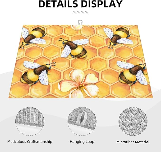 Bee Dish Drying Mat For Kitchen Counter Absorbent Large Kitchen Fast Dry Pad Reusable Washable Protector Rack Large Mat 18 X 24