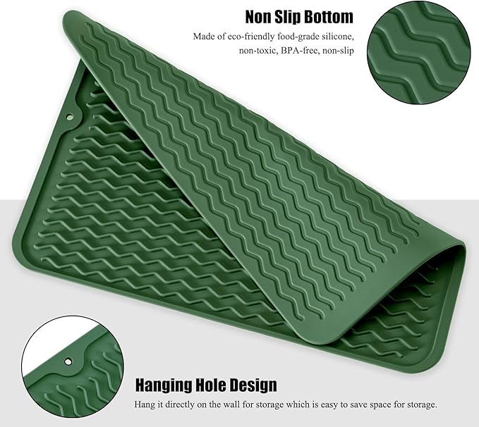Large 24" x 18" Silicone Dish Drying Mat for Kitchen Counter, Easy clean, Quick Dry, Heat-resistant Dish Drainer Mat for Sink,Refrigerator or Drawer liner (Food Grade Silicone-Dark Green)