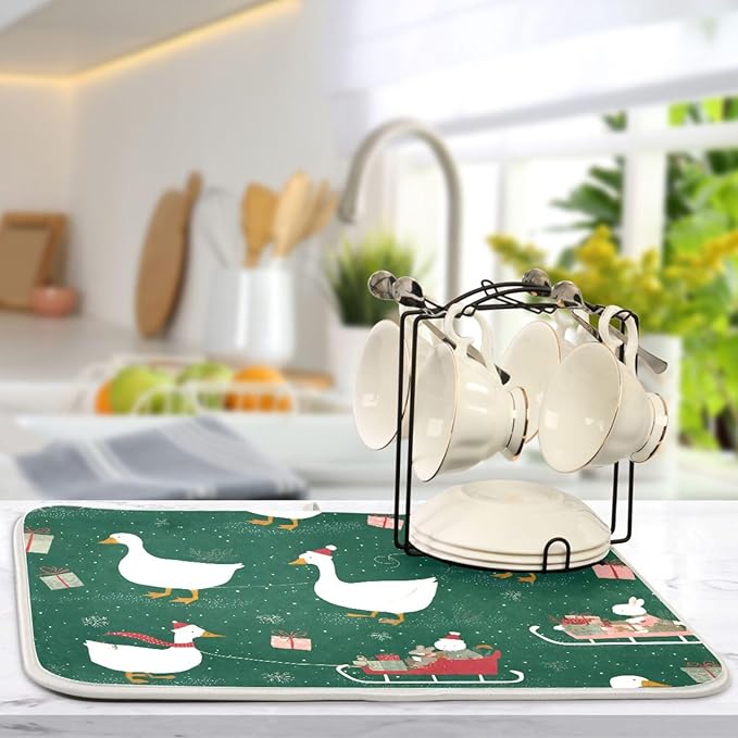 Christmas Geese Pattern Dish Drying Mat for Kitchen Counter Super Absorbent Drying Mat 16x18 inch Large Dish Drying Matts for Countertop Protector Dishes Pad