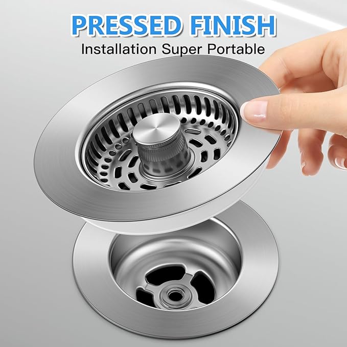 3-in-1 Stainless Steel Kitchen Sink Drain Strainer, JOMST Kitchen Gadget – Fast Drain, Water-Saving Stopper & Odor Blocker， Fits Standard 3.5″ Sink Drains