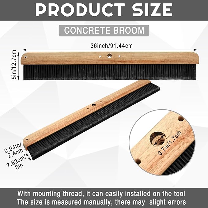2 Pack 36 Inch Concrete Broom Finishing Tools Without Handle Wood Backed Brush Push Brooms with Mounting Threads for Concrete Finishes Hard Floors Yards