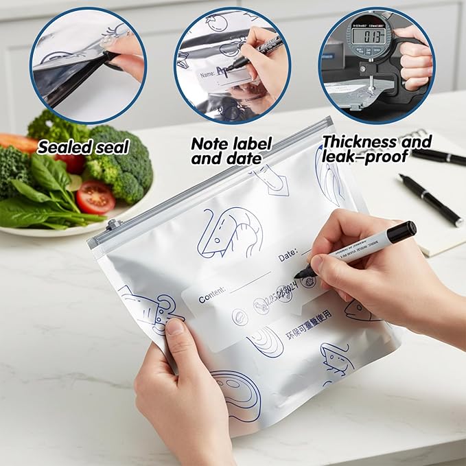 30PCS Reusable Aluminum Foil Sealable Storage Bags, Aluminum Foil Freezer Bag for Food, Stand Up Foil Storage Bags with Label and Zip Lock for Vegetable Fruit Meat (10*S+10*M+10*L)