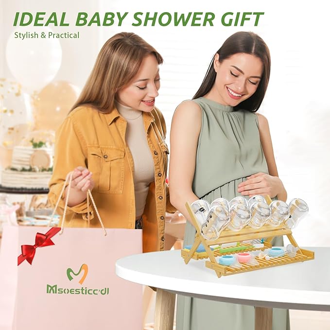 DSVENROLY Baby Bottle Drying Rack Foldable Vertical Bamboo Milk Bottle and Accessories Organizer for Busy Parents, Maximizes Space, Quick Drying, Easy Cleanup & Storage (Bamboo)