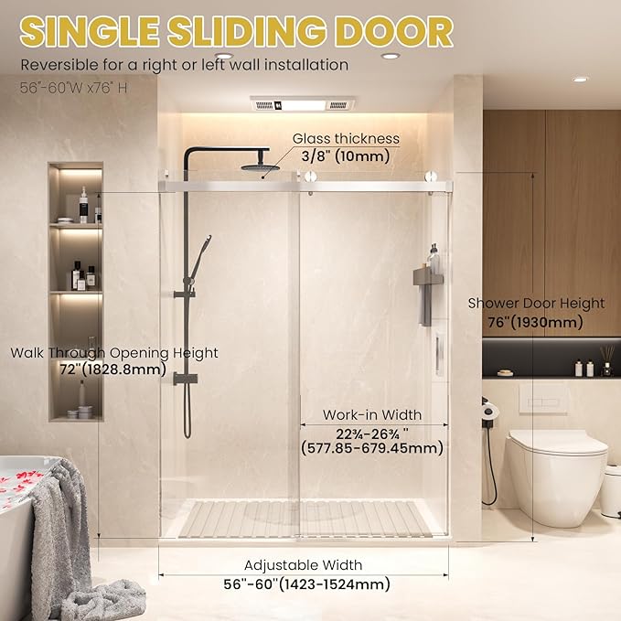 Shower Door 56–60 in W x 76 in H, 3/8" Tempered Glass Sliding Shower Door, Frameless Brushed Nickel, Soft-Close with Buffer, Reversible Installation for Modern Bathroom