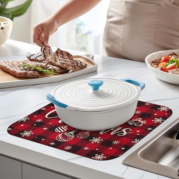 Christmas Kitchen Countertop Dish Drying Mat, Red Christmas Buffalo Plaid Pattern Microfiber Kitchen Drying Mat, Washable Absorbent Countertop Xmas Winter Holiday Dish Mat Drainer,16x18 Inch