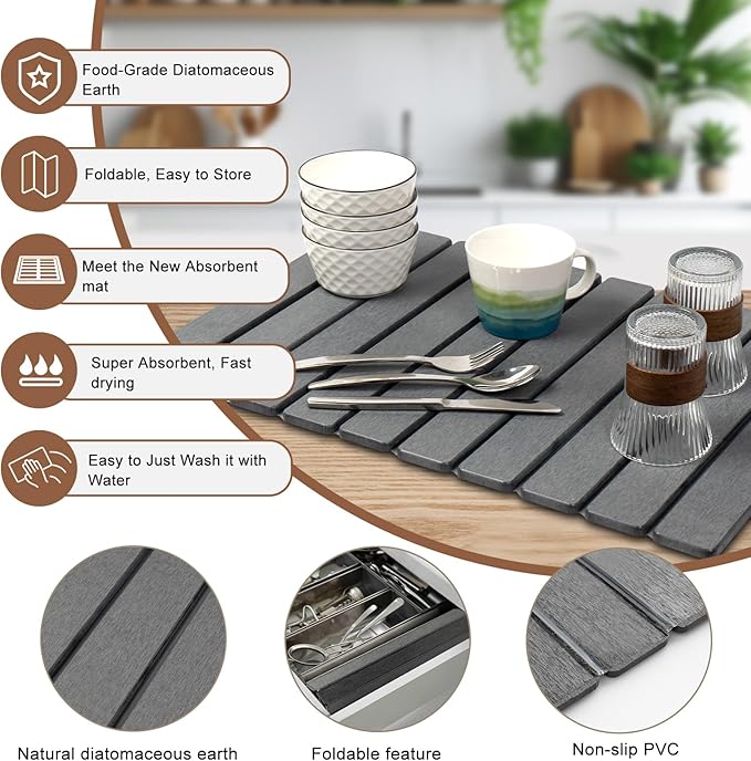 Stone Drying Mat for Kitchen Counter,24"x16" Large Dish Drying Mat,Stone Bath Mat,Quick Drying Fast Absorbent Diatomaceous Drying Matt Kitchen Counter for Dishes Bottles Cups Bathroom Any Countertop