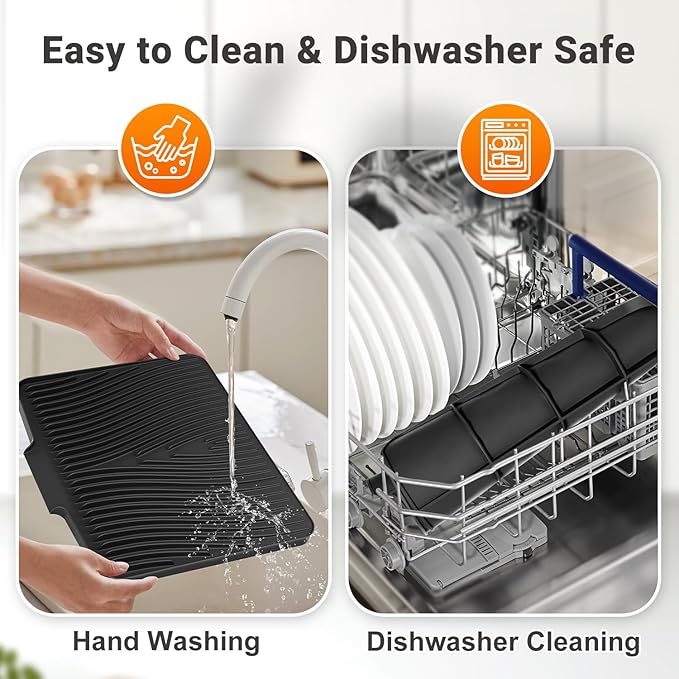 Silicone Dish Drying Mat for Kitchen Counter, Dish Drying Pad, Non-Slip Drain Pad with Built-in Drain, Heat Resistant Stone Drying Mat,Black-2pcs