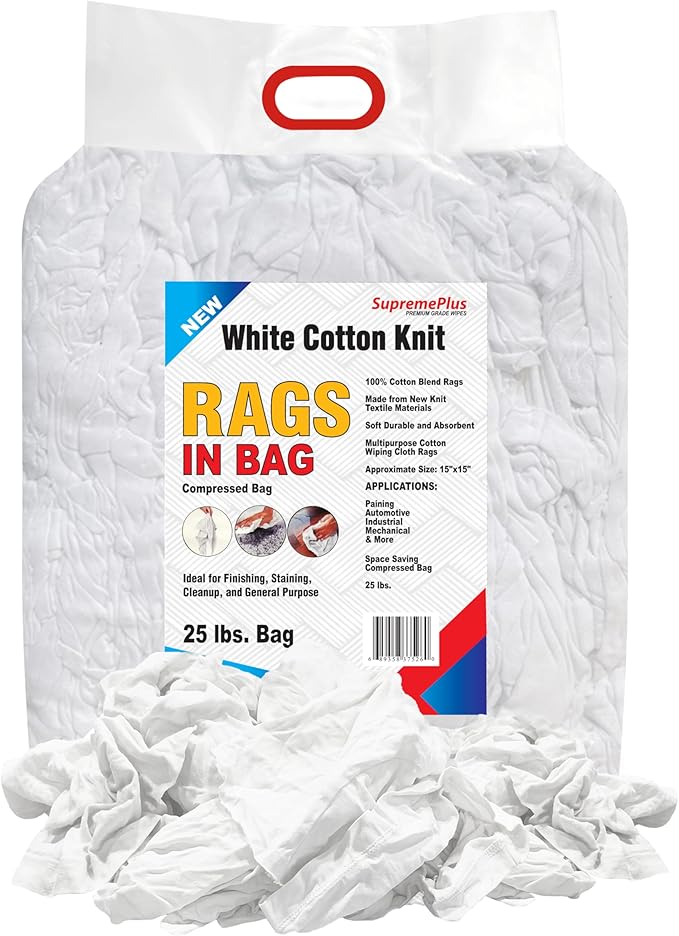 New White Cotton T-Shirt Knit Bag of Rags (25 lbs.) - Multipurpose Shop Rags Bulk for Wiping, Painting, Staining, Polishing - Soft & Absorbent Cloths for Cleaning