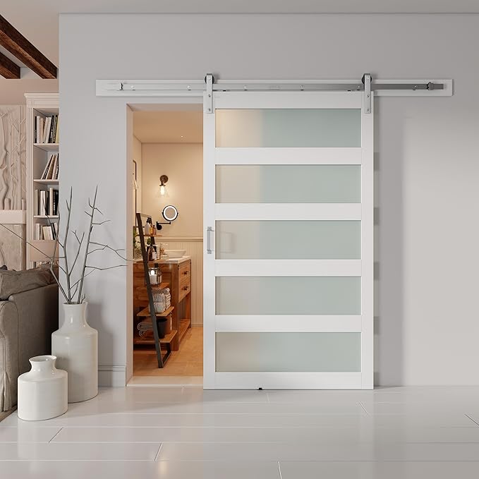 48'' x 84'' Glass Barn Door and 8 Ft Brushed Nickel Hardware Kit Included, MDF White Barn Door Slab with Frosted Glass, PVC Surface, Combined with Handle and Floor Guide-Assembly Required