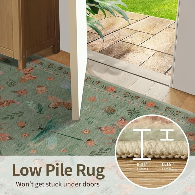 3x5 Rug for Entryway Bedroom, Green 3x5 Washable Area Rug, Floral Vintage Retro Boho Throw Rug, Non Slip & Low Pile Small Carpet for Indoor Kitchen, Bedside, Living Room, Bathroom and Dining