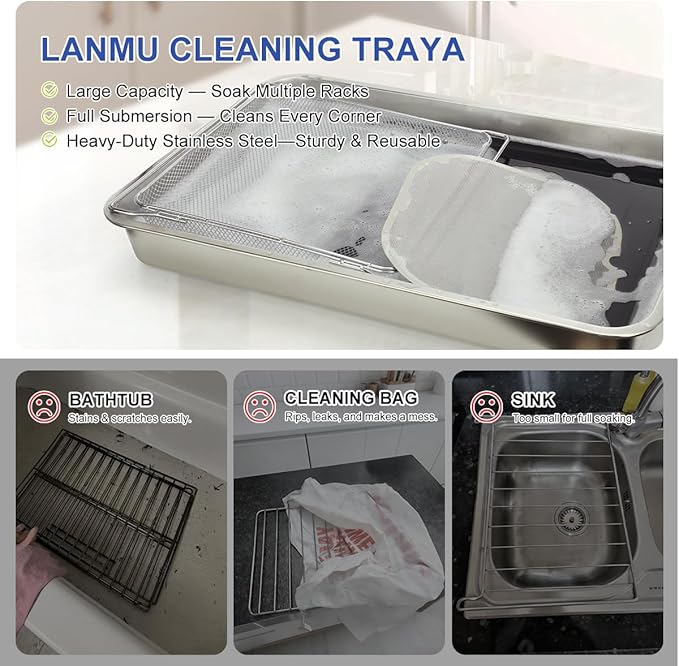 LANMU Stainless Steel Oven Rack Cleaning Tray, Large Capacity Soaking Tray for Grill Grates, BBQ Rack, Reusable & Leak-proof Oven Shelf Cleaning Tool