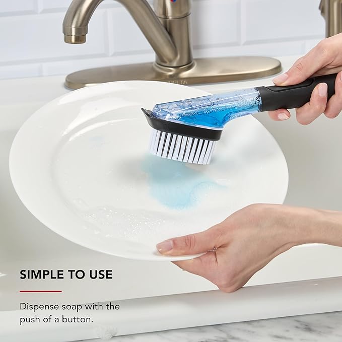 KitchenAid Soap Dispensing Sink Brush with Easy to Fill Handle, Nylon Bristles for Tough Cleaning, Comfort Grip Handle for Non Slip Grip, Black