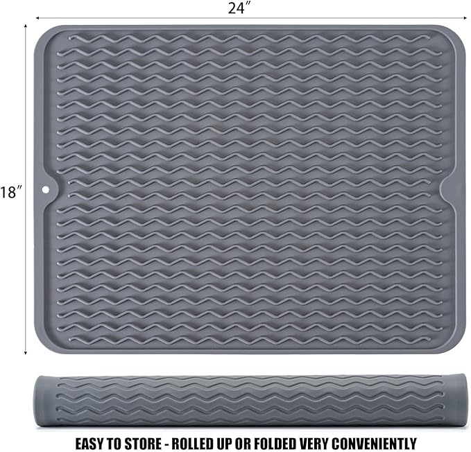 Large 24" x 18" Silicone Dish Drying Mat for Kitchen Counter, Easy clean, Quick Dry, Heat-resistant Dish Drainer Mat for Sink,Refrigerator or Drawer liner (Food Grade Silicone-Grey)