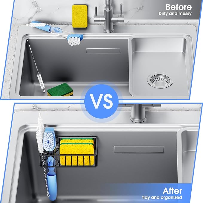 Kitchen Sink Organizer, Strong Adhesive Mount Detachable Sponge Holder for Kitchen & Bathroom Sink with Extra Suction Cups, Holds Sponges, Dish Brushes, Scrubbing Pads