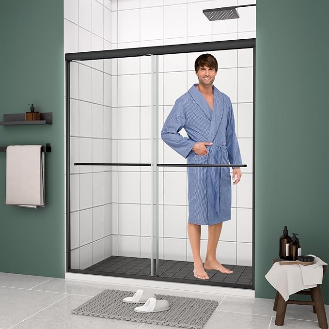 Bypass Glass Shower Door 56-60" W x 70" H with 1/4" Clear SGCC Tempered Glass, Semi-Frameless Double Sliding Shower Door, Easy to Clean, Easy to Install, Matte Black