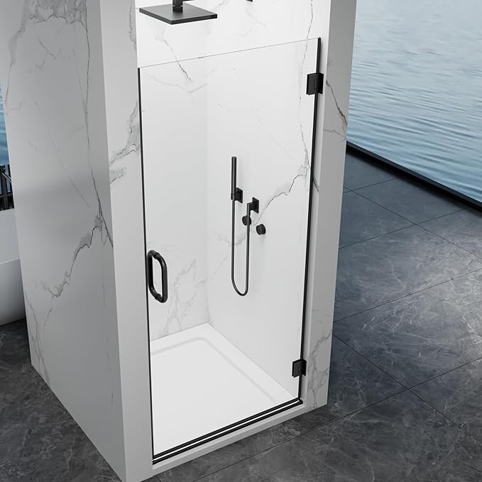 Framelss Hinged Shower Door, 36" W x 76" H Single Swing Pivot Shower Door, 3/8" (10mm) Tempered Glass with Nano Coating, Stainless Steel Handle, Glass Door for Walk-in Shower - Matte Black