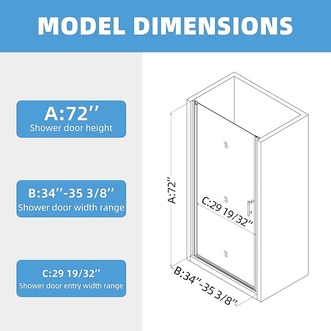 34-35.4" W x 72" H Shower Door,Royal Guard Frameless Pivot Shower Door with 1/4" Clear Tempered Glass, Pivot Swing Shower Glass Door,Chrome Finish