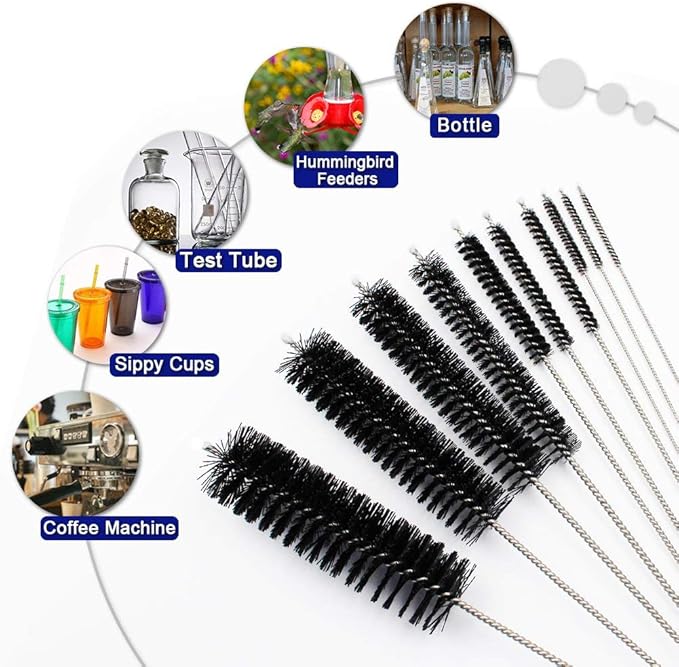 DiCUNO Straw Cleaning Brushes Set, 8 Inch Nylon Tube Brushes, Different Sizes Clean Brush for Bottle, Pipe, Keyboard, 2 Sets of Super Hard & Medium Hard