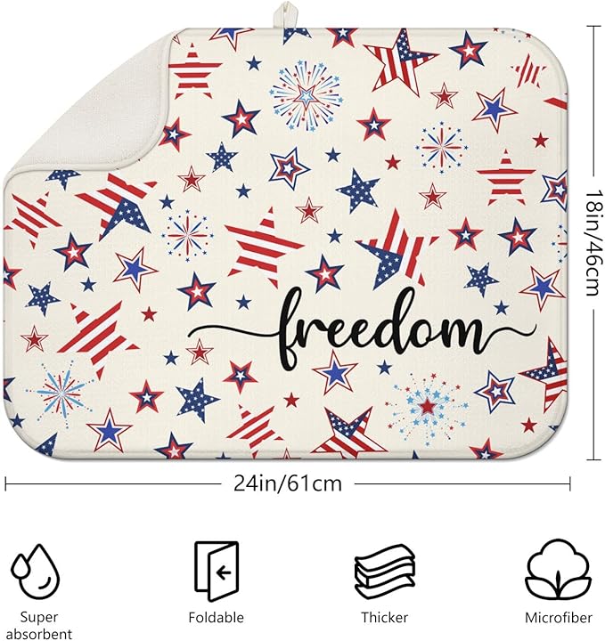 4th of July Dish Drying Mat for Kitchen Counter,Independence Day Stars Memorial Fallen Soldiers Microfiber Drying Mat, Washable Absorbent Patriot Kitchen Countertop Dish Mat Draining Mat 18×24Inch