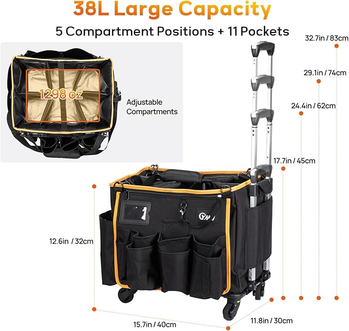 YMU Large Rolling Cleaning Caddy Bag With Detachable Trolley, 4 in 1 Portable Cart for Housekeeping With Swivel Caster & Shoulder Strap, Waterproof Supplies Organizer