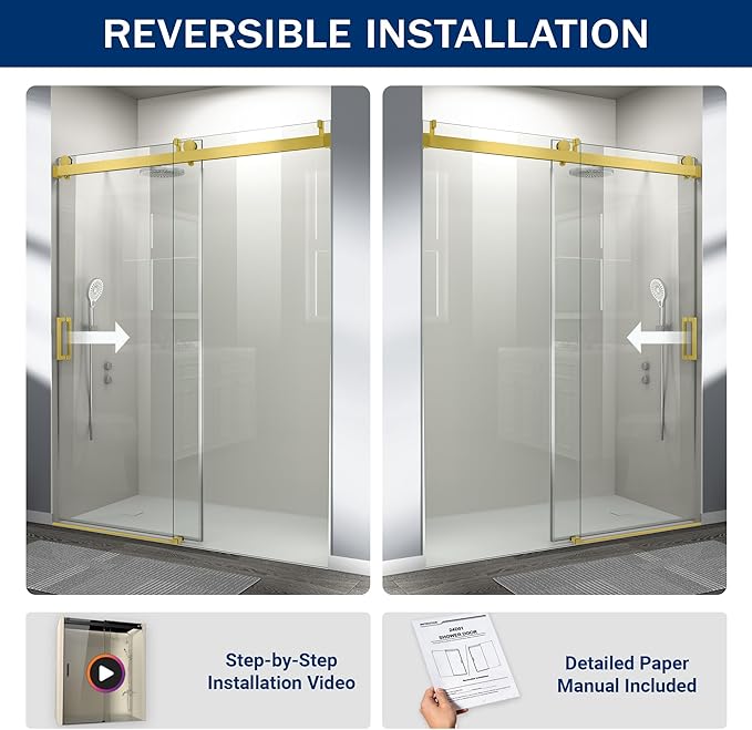 Abruzzo 56"-60" x76" Frameless Shower Door Gold - Soft-Close Sliding Enclosure with 6mm Explosion-Proof Glass, Adjustable Reversible Design for Modern Bathrooms