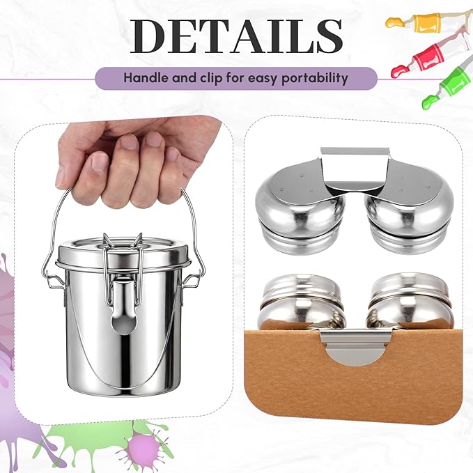 Skybooly 2 Pcs Paint Brush Cleaner Set Stainless Steel Double Dipper Palette Cup Paint Brush Portable Washer Holder for Oil Cleaner Kits(Straight Shape,Small)