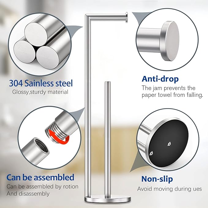 Brushed Nickel Toilet Paper Holder Stand, Bathroom Toilet Paper Roll Holder Stand with Reserve, Free Standing Toilet Paper Holder with Storage