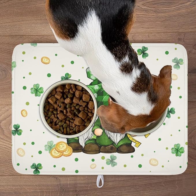 St Patrick's Day Gnome Dish Drying Mat for Kitchen Counter,Inch Lucky Shamrock Gold Coin Drying Mat 18 x 24 Inch with Absorbent Reversible Microfiber Dish Drying Pad for Coffee Bar