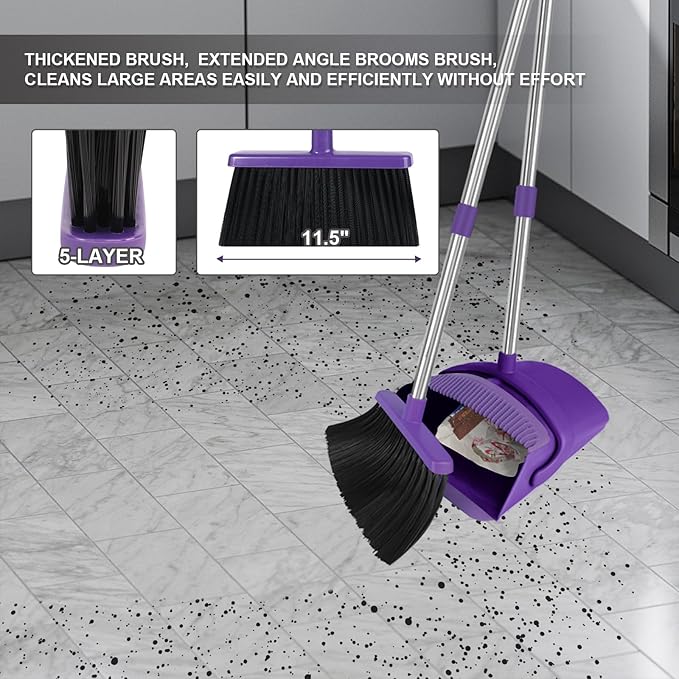 Purple Broom with Dustpan Combo Set, 51" Long Handle Household Kit for Home for Pet Hair