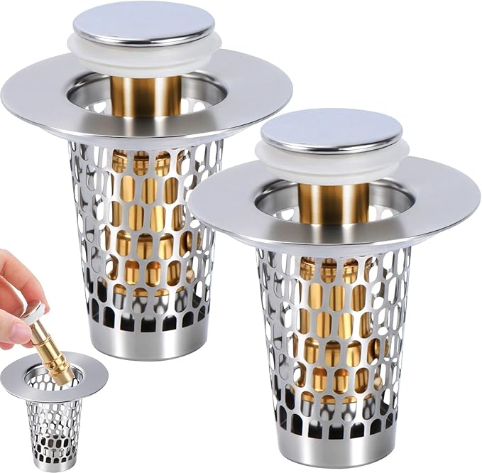 3Pcs 3-in-1 Bathroom Sink Stopper Hair Catcher for 1.15-1.6 in, Universal Stainless Steel Drain Strainer, Pop-Up Bathroom Sink Stopper with Basket