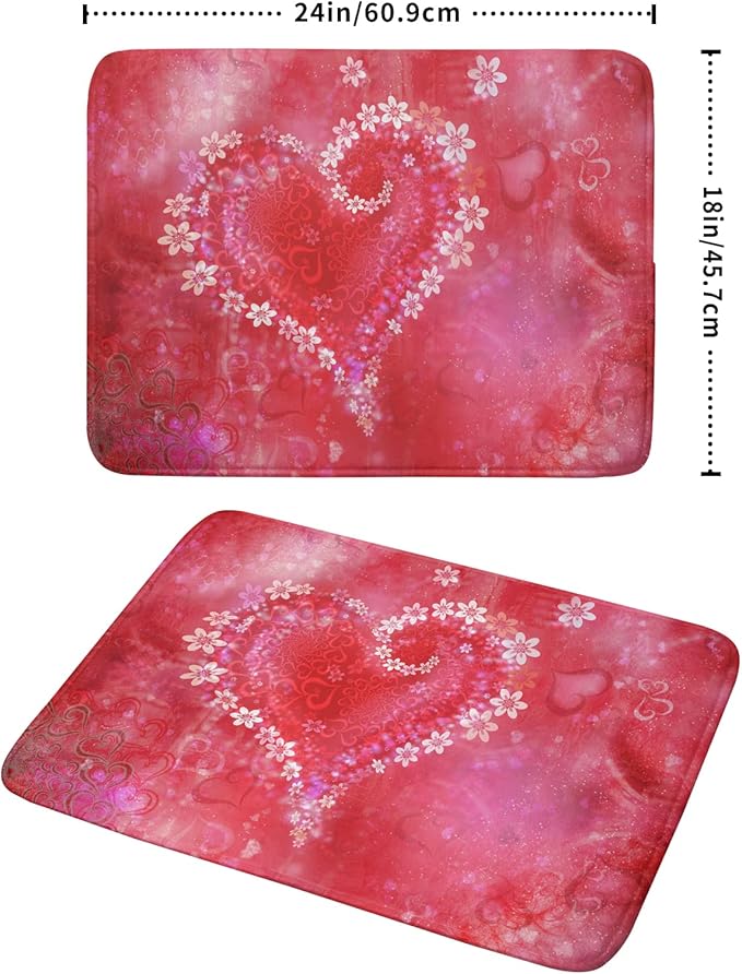 Valentines Day Dish Drying Mat for Kitchen Counter Red Heart Flower Decor Drying Mat 18 x 24 Inch with Absorbent Reversible Microfiber Dish Drying Pad Dish Rack Drainer Mat for Coffee Bar