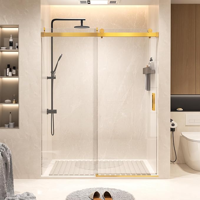 Shower Door 68–72in W x 76 in H, 3/8" Tempered Glass Sliding Shower Door, Frameless Brushed Gold, Soft-Close with Buffer, Reversible Installation for Modern Bathroom