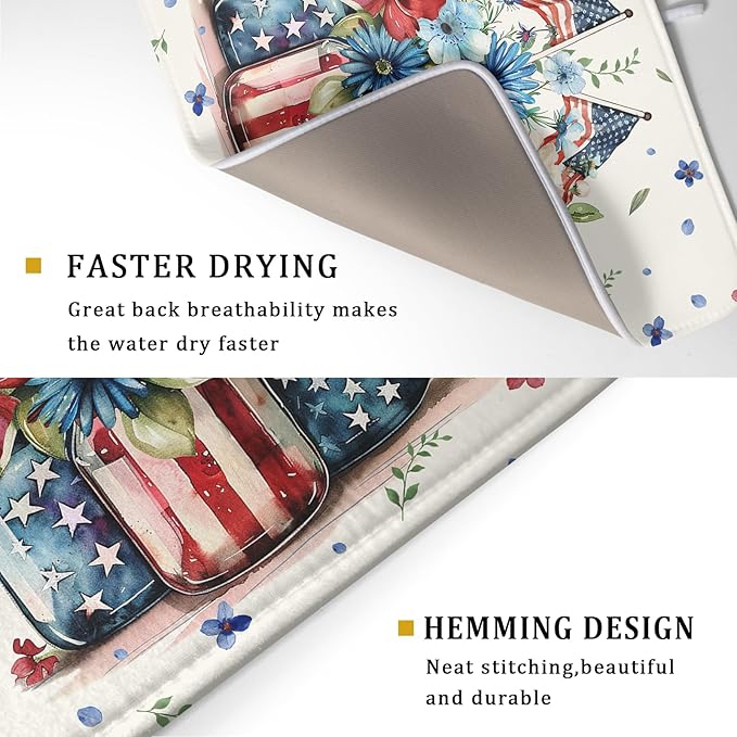 Giwawa American Patriotic Floral Dish Drying Mat Flower Vase Drainer Rack Mats 18"x24" Absorbent Microfiber Dish Dry Pad for Kitchen Counter Sink