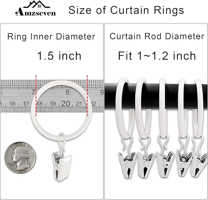 40 Pack Metal Curtain Rings with Clips, Drapery Clips Hooks, Decorative Curtain Rod Clips 1.5 in Interior Diameter, Rustproof White