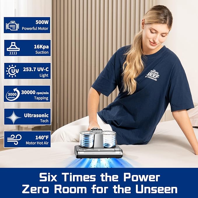 Bed Vacuum Cleaner 5 in 1 with Mattress Vacuum 16Kpa Suction 253.7nm UV-C Light, HEPA Filtration, Ultrasonic, Heating, 30000Rpm/Min Brushroll Rotation, Replacement Filter Included, 500W, Corded