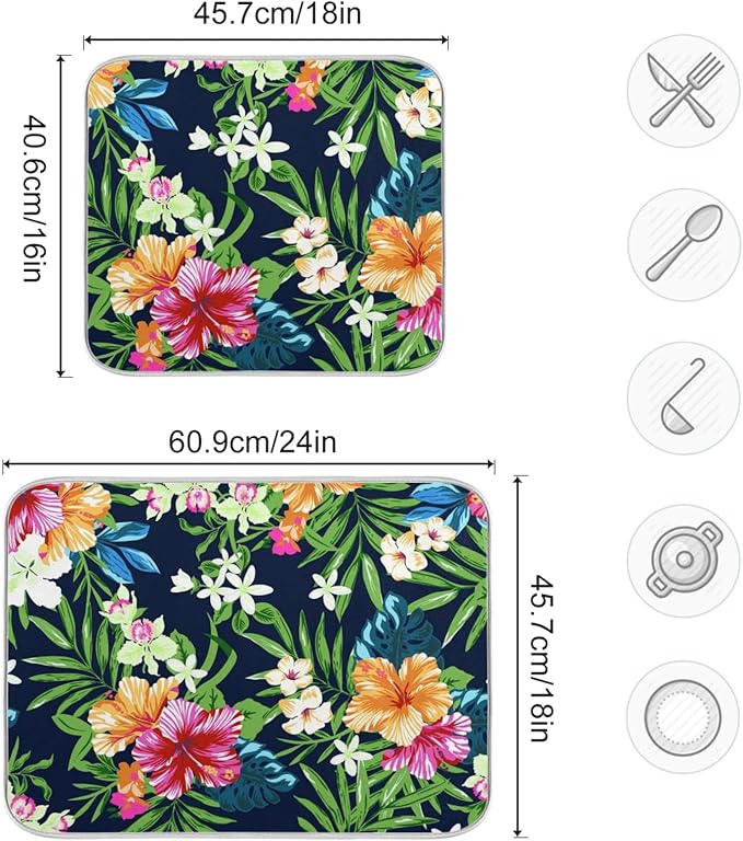 Tarity Colorful Tropical Flowers Dish Drying Mat for Kitchen Counter Absorbent Heat Resistant Microfiber Dishes Drainer Mat 16x18 in Dish Pad Sink Mat Protective Pad Kitchen Decor