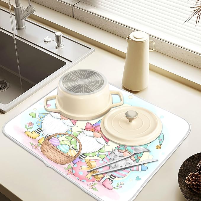 Colorful Easter Cute Gnomes Dish Drying Mat for Kitchen Counter Absorbent Microfiber Small Drying Pad Dish mats for Kitchen Countertops 16 x 18 Inch
