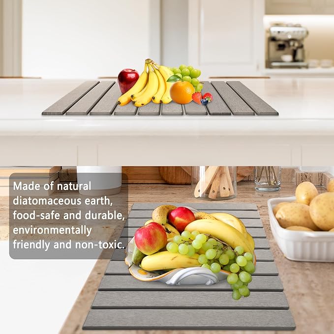 Large Stone Dish Drying Mat for Kitchen Counter, Stone Drying Mat for Kitchen Counter, Quick Dry Absorbent Diatomaceous Earth Mat for Dishes, Cups, Bottles, Any Countertop, 24"×16", Gray
