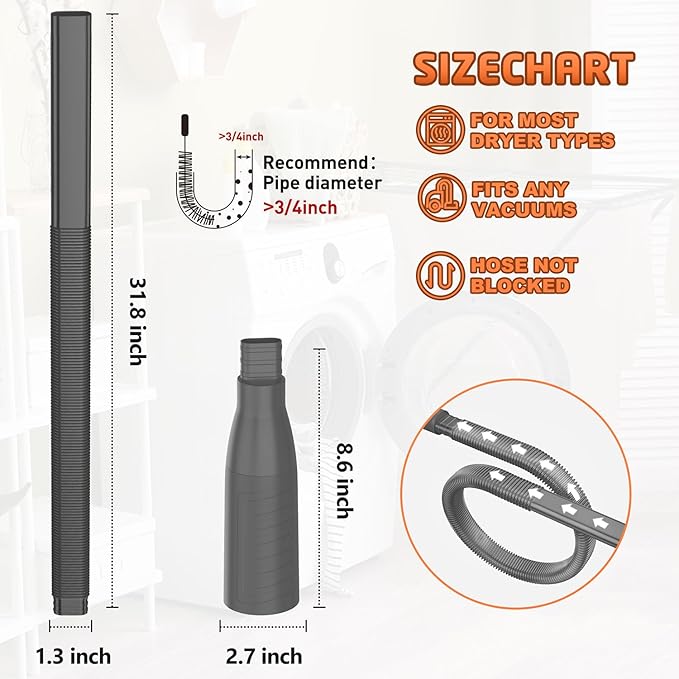 Dryer Vent Cleaner Kit Vacuum Hose Attachment, Quickly Removes Lint, Cleaning Supplies, Black