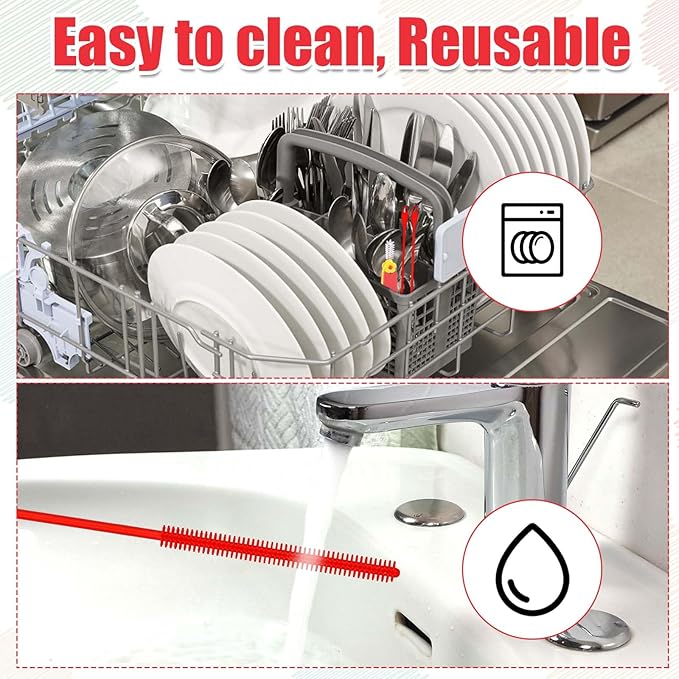 3pcs Silicone Straw Brush and Cup Lid Cleaning Brush, Ultra Long Straw Cleaning Brush Reusable Bendable Silicone Straw Cleaner Pipe Brush Cup Lid Cleaner for Cleaning Bottles Straws (6mm+8mm, Red)