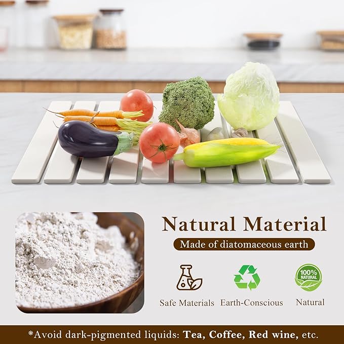 Large Stone Dish Drying Mats for Kitchen Counter,23.6“x 15.3”,Eco-Friendly,Foldable quick dry stone mat kitchen,Absorbent Diatomaceous Earth Mats for Dishes Bottles Cups Bathroom Any Countertop-white