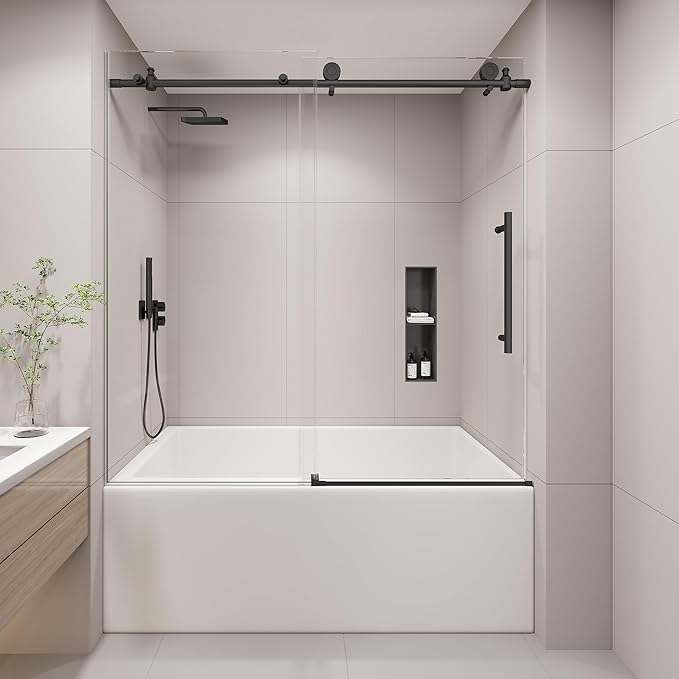 KPUY Tub Shower Door, 55-60" W x 60" H Frameless Sliding Bathtub Door, 1/4" (6mm) Thick Tempered Clear Glass with Explosion-Proof Film Nano Coating, Stainless Steel Frame, Matte Black