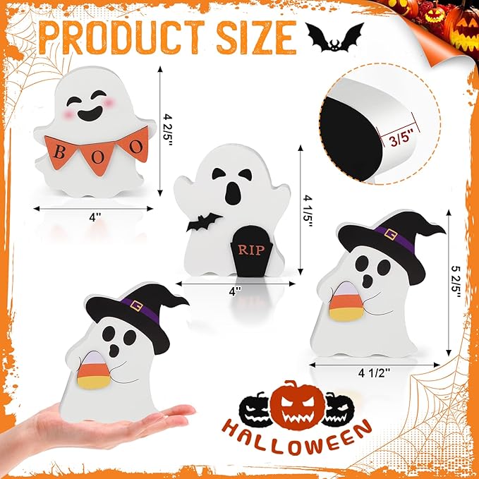 COCHIE Cute Ghost Halloween Decorations Indoor, Wooden Tiered Tray Decor Table Sign Set of 3, Black Cat Bat Witch Broom Signs Pumpkin Blocks for Party Home Shelf Display (B-Ghost)