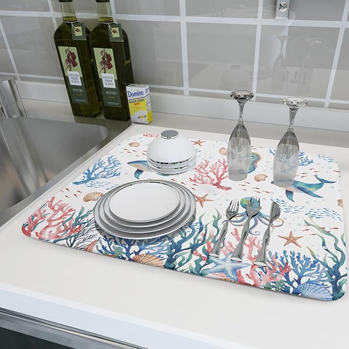 Giwawa Coastal Ocean Dish Drying Mat Seahorse Whales Drainer Rack Mats 18"x24" Absorbent Microfiber Dish Drying Pad Protector for Kitchen Counter