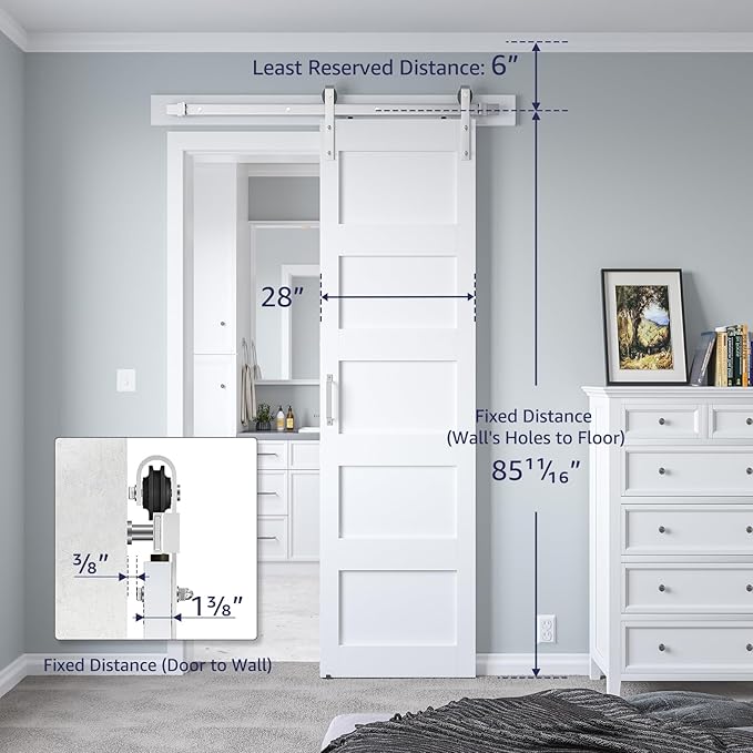 28in x 84in White Sliding Barn Door with 5ft Brushed Nickel Barn Door Hardware Kit & Handle, 5-Panel, Pre-Drilled Holes Easy Assembly, Water-Proof PVC Surface
