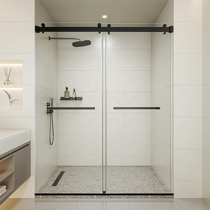 44-48" W x 76" H Frameless Shower Door, Double Sliding Glass Shower Door with 5/16" (8mm) Clear SGCC Tempered, Roller Disc System, 304 Stainless Steel (Matte Black, 44-48" W*76" H)