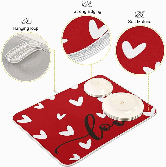 Happy Valentine's Day Dish Drying Mat for Kitchen Red White Love Heart Microfiber Drying Mats Absorbent Reversible Dish Pad Medium Dish Draining Mat 16x18 inch