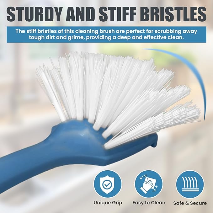 Dish Brush with Handle – 2 Pack - Comfortable Grip and Stiff Bristles Dish Scrubber Brush with Built-in Scraper Kitchen Scrub Brushes for Cleaning Dishes, Pots, Pans, Sink, Stove - White and Blue